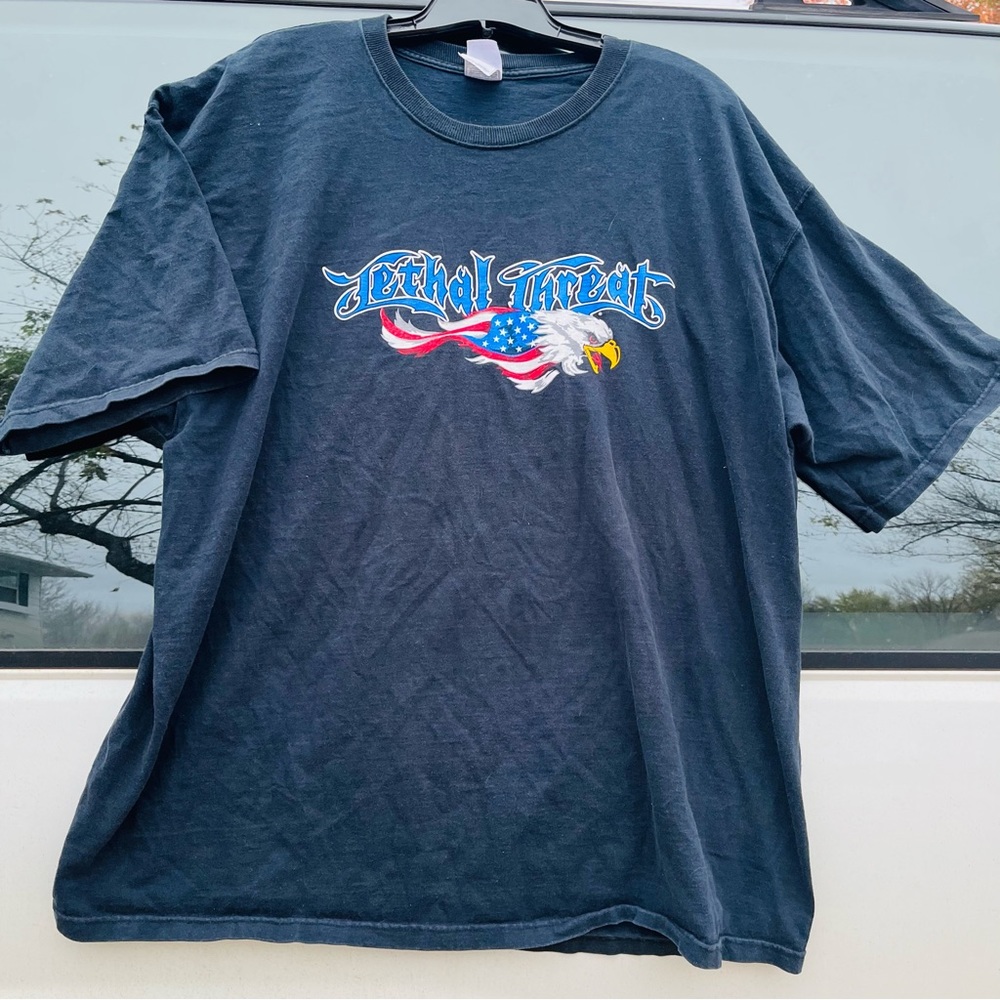 -Graphic T Shirt Men 2XL Black Cotton Lethal Threat American Flag /Eagle Grahic